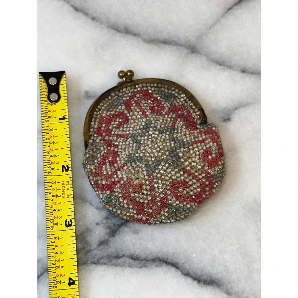Antique Micro Beaded Coin Purse Red White Blue Kiss Lock Small Pouch 3x3.25in